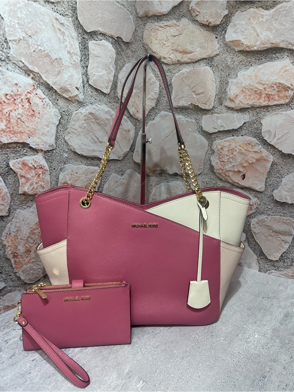 Michael Kors Colorblock Large Chain Shoulder Tote & Matching Wallet Rosewood